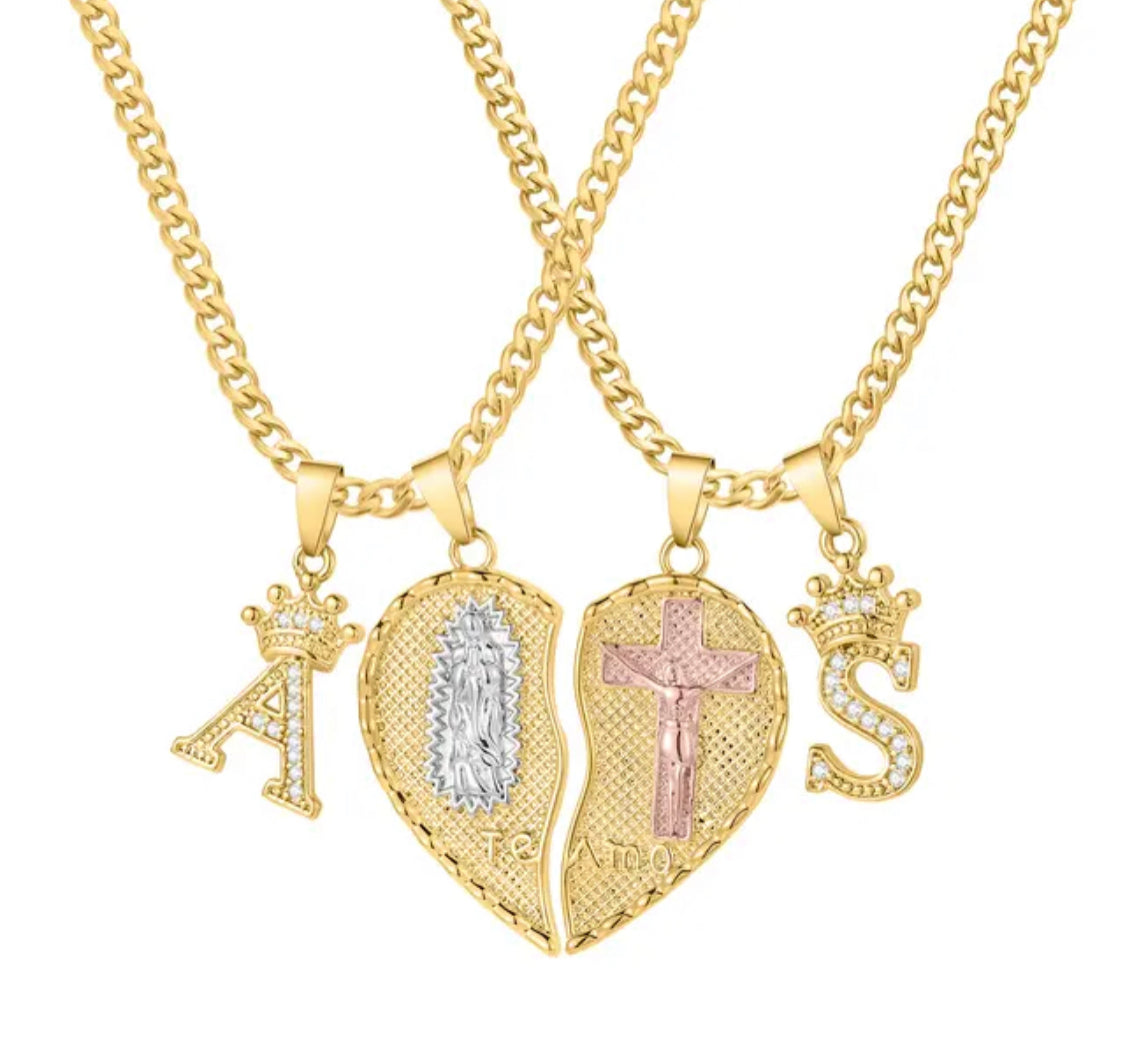 Te Amo initial and religious necklace set