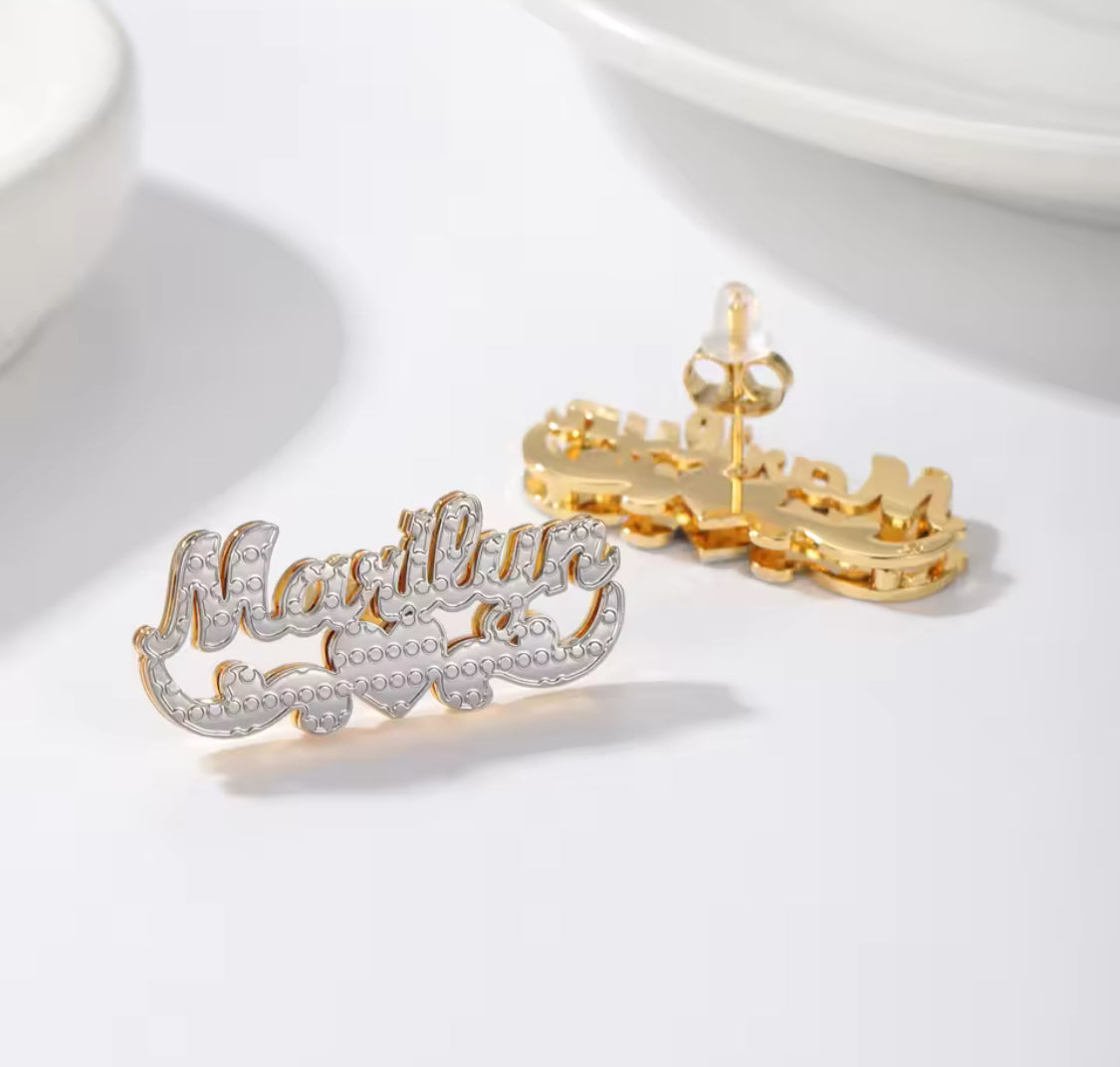 Double plated two tone name stud earrings