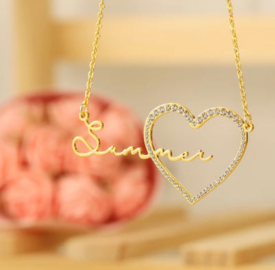 Waterproof script name with bling heart necklace