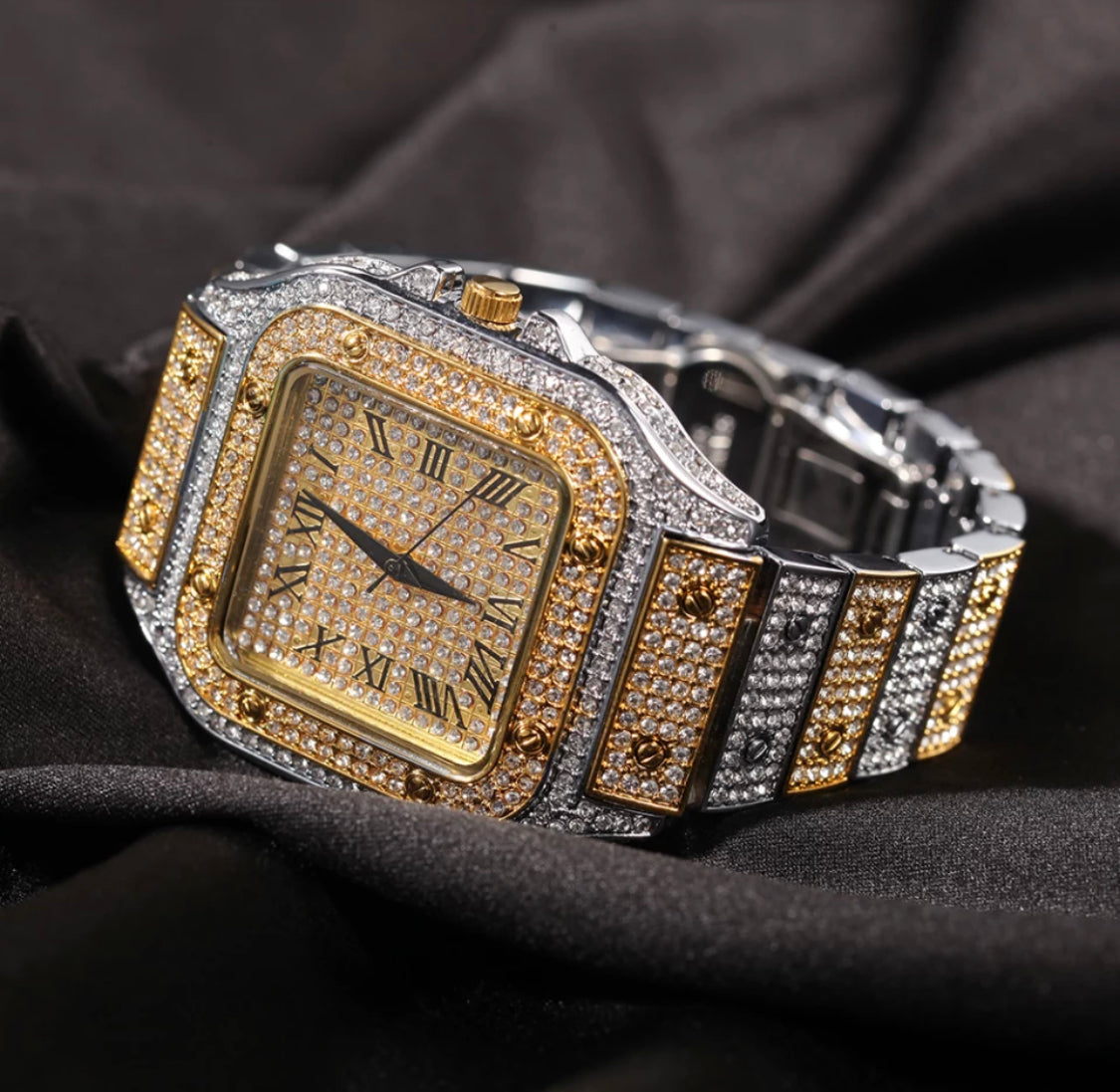 Iced Out Men Watch Square Diamond Quartz Luxury