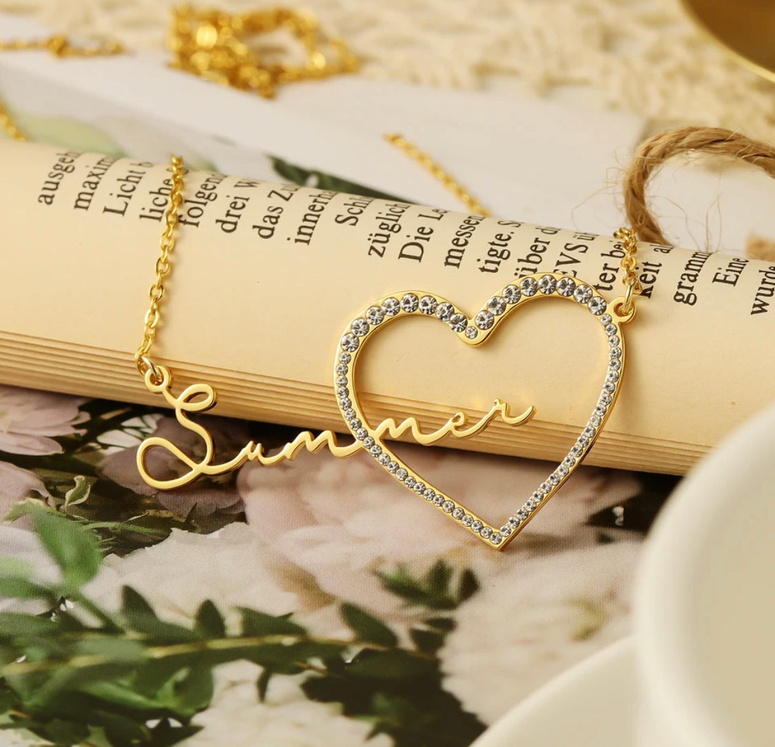 Waterproof script name with bling heart necklace